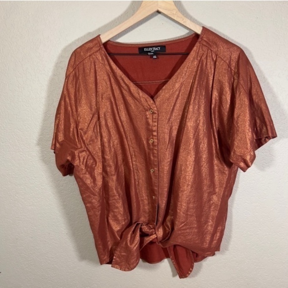 Ellen Tracy Metallic Rust Gold Short Sleeve Linen Blend Button FrontTie Top Sz L